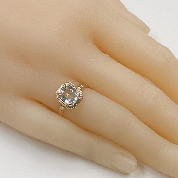 Aquamarine Solitaire Vintage Ring Cushion Cut on hand