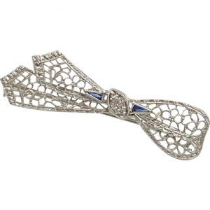 Art Deco Era BOW Pin Brooch 14K White Gold Filigree Diamond and Sapphire