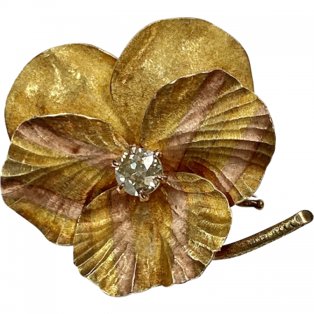 Art Nouveau PANSY Pendant Brooch 14K Gold .50 Carat Mine Cut Diamond