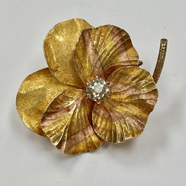 Art Nouveau PANSY Pendant Brooch 14K Gold and Diamond .50 Carat Mine Cut