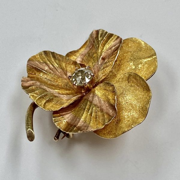 Art Nouveau PANSY Pendant Brooch 14K Gold and Diamond .50 Carat Mine Cut side view