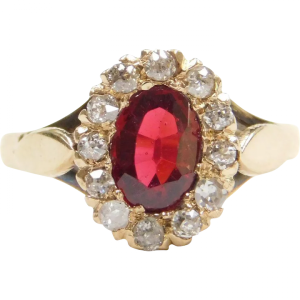 Edwardian 1.24 ctw Garnet and Diamond Halo Ring 14k Gold ~ Early 1900's