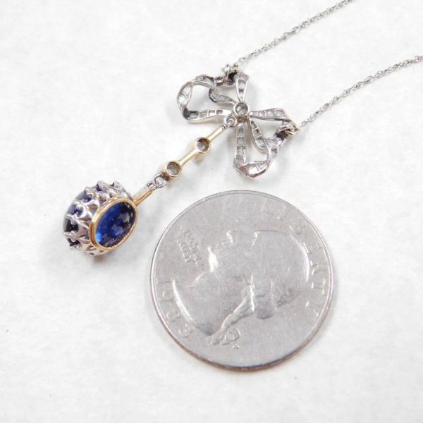 Edwardian Diamond and Sapphire Bow Necklace 3.30 ctw~ 18k Gold and Platinum side view