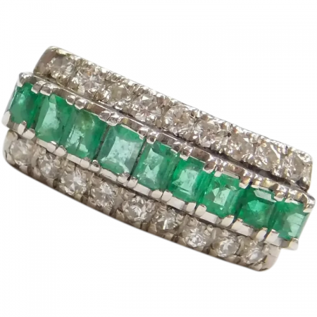 Edwardian Platinum 1.08 ctw Emerald and Diamond Triple Row Ring