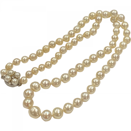 Graduated Cultured Pearl Strand Necklace 10 to 6.5mm 14K White Gold Diamond & Pearl Clasp