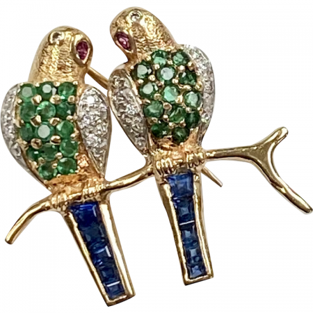 Jeweled Lovebird Brooch Pin 14K Gold