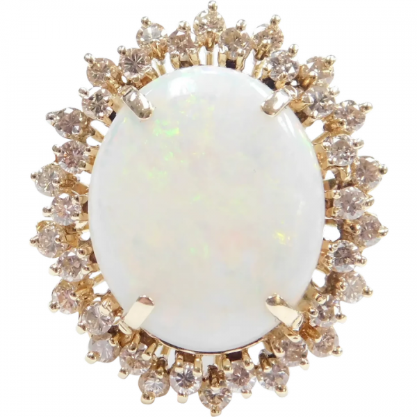 Mid-Century Breathtaking Opal and Diamond 10.43 ctw Halo Ring 14k Gold