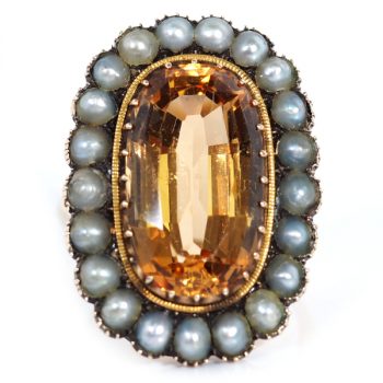 Edwardian GIA Certified Imperial Topaz 8.38 Carats and Cultured Pearl Halo Ring