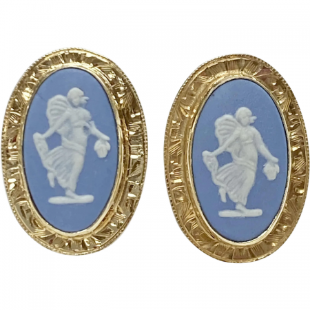 Victorian Revival Blue Wedgwood Cameo Screw-Back Earrings 14K Gold