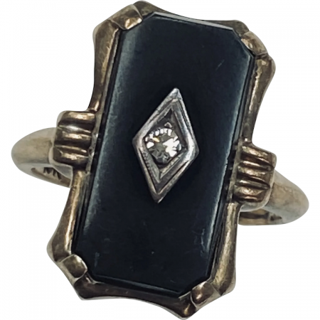 Victorian Revival Onyx and Diamond Ring 10K Rose and White Gold