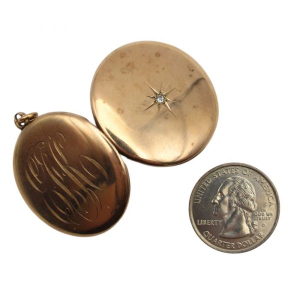 Victorian Round Locket Pendant 14K Gold and Mine Cut Diamond open back