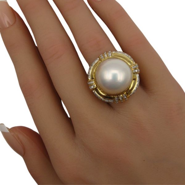 .06ctw Pearl Cocktail Ring 14K Two Tone Gold hand