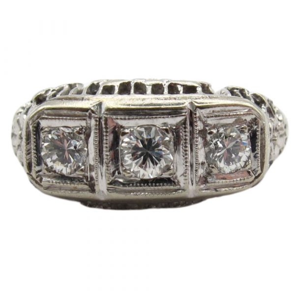 .52ctw Art Deco Three Stone Diamond Filigree Ring 14K Gold