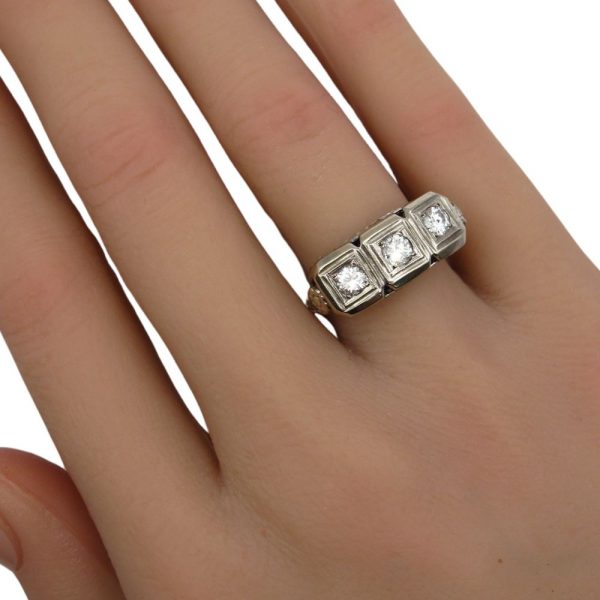 .75ctw Art Deco Three Stone Diamond Ring 14K hand