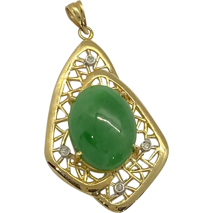 Apple Green Jade and Diamond Pendant 14K Yellow Gold