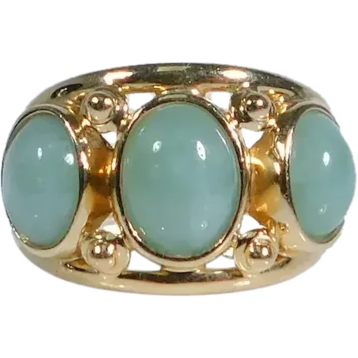 Three Stone Jade Ring 14K Yellow Gold