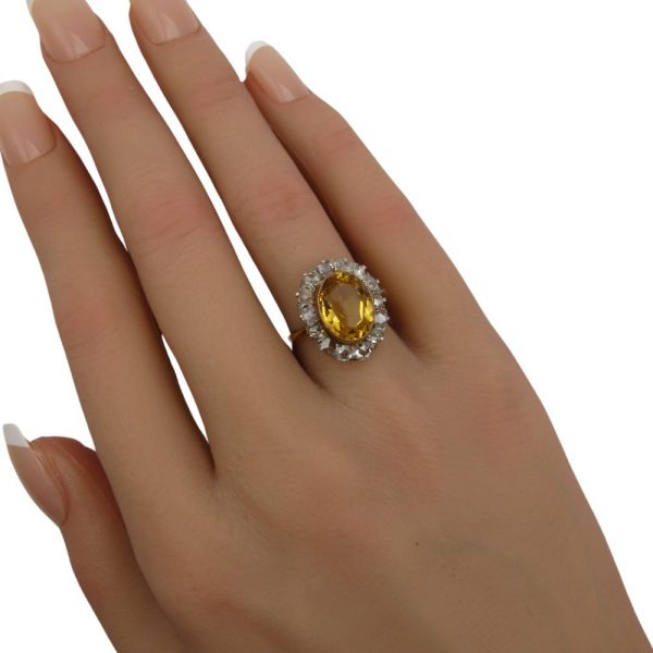 Citrine Ring with Rose Cut Diamond Halo Accents 14K Gold and Platinum hand