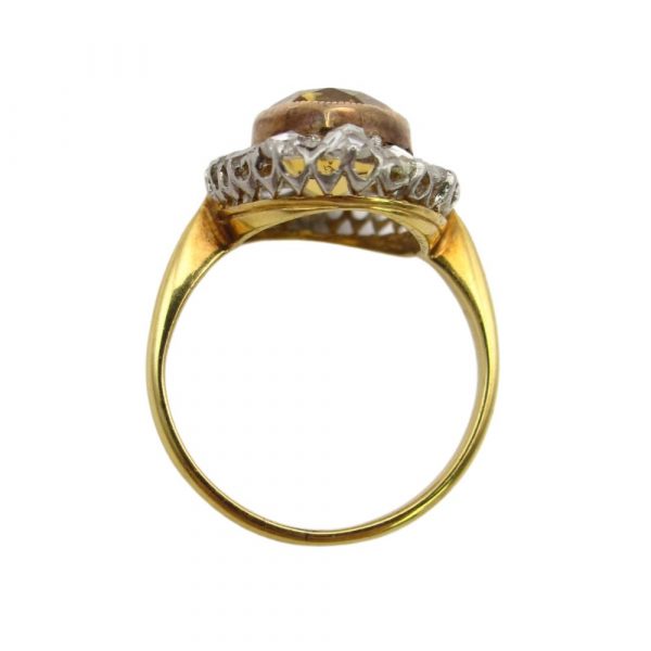 Citrine Ring with Rose Cut Diamond Halo Accents 14K Gold and Platinum top