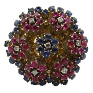 Flower Ring 18K Gold Ruby Sapphire and Diamond 3.02 Carats