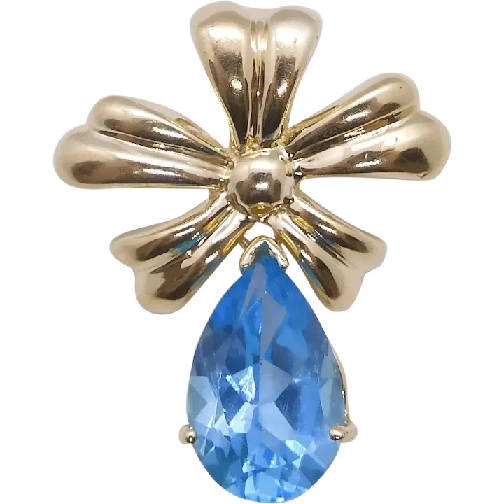 Flower Swiss Blue Topaz Solitaire Dangle Pendant 14K Yellow Gold 5.0 Grams