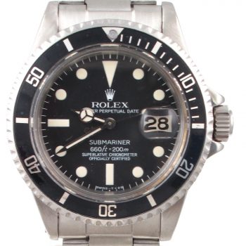 Pre-Owned 1977 Vintage Rolex Submariner Date Watch Stainless Steel Black Dial With Black Bezel With Oyster Band Model 1680 face view