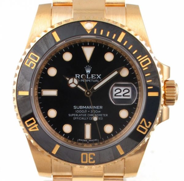 Pre-Owned Rolex Submariner 40MM 2018 18kt Yellow Gold Watch With Black Dial And Black Ceramic Bezel With Oyster Band Model# 116618LN face view