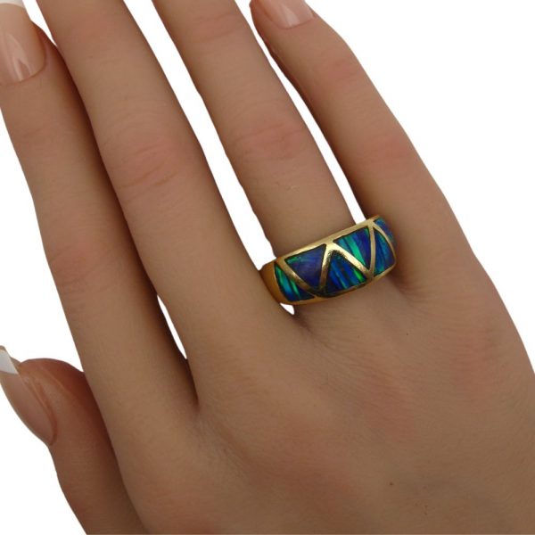 Kabana Style Opal Inlay Band Ring 14K Gold hand