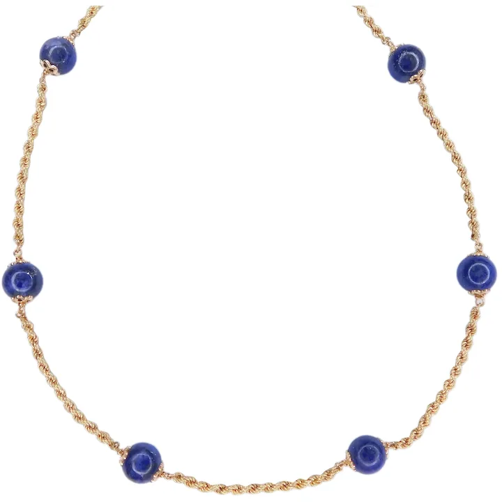 Long Lapis Lazuli Bead Station Necklace 18K Gold