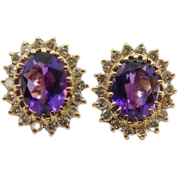 4.12ctw Amethyst & Diamond Stud Earrings 14K Yellow Gold