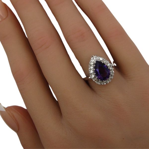 1.82 ctw Amethyst Ring with Diamond Halo in 14K White Gold hand