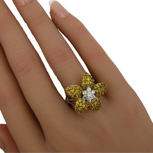 2.49 ctw Yellow Sapphire with Diamond Accent Flower Ring in 18K Yellow & White Gold hand