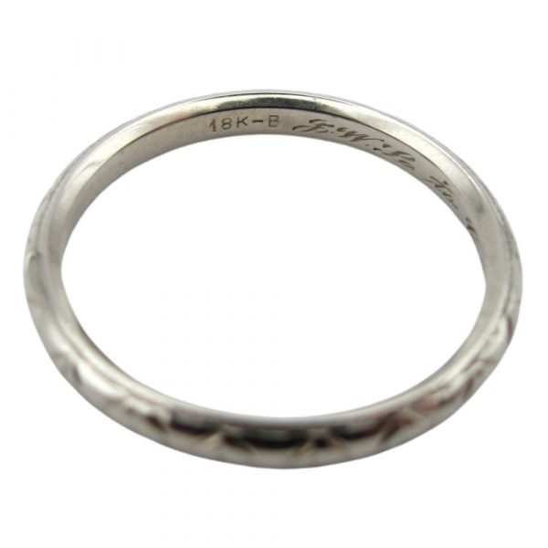 Mid Century Geometric Etched Band Ring in 18K White Gold hallmark