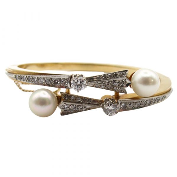 Retro 1.54 ctw Diamond & Pearl Bypass Bangle in 14K Yellow & White Gold