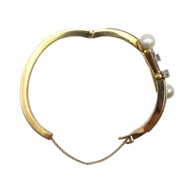 Retro 1.54 ctw Diamond & Pearl Bypass Bangle in 14K Yellow & White Gold open