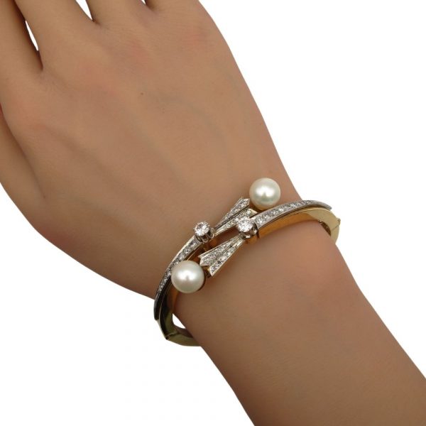 Retro 1.54 ctw Diamond & Pearl Bypass Bangle in 14K Yellow & White Gold wrist