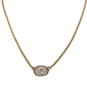 Oval Diamond Solitaire 0.60 ct Stationed Wheat Chain 16" Necklace 14k Yellow Gold Front