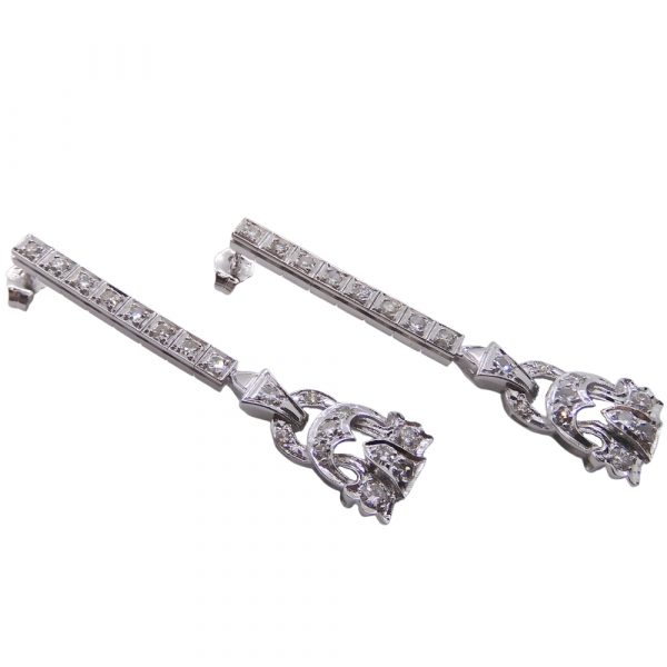 Art Deco Diamond Drop Earrings Platinum 1.00 ctw Left Side