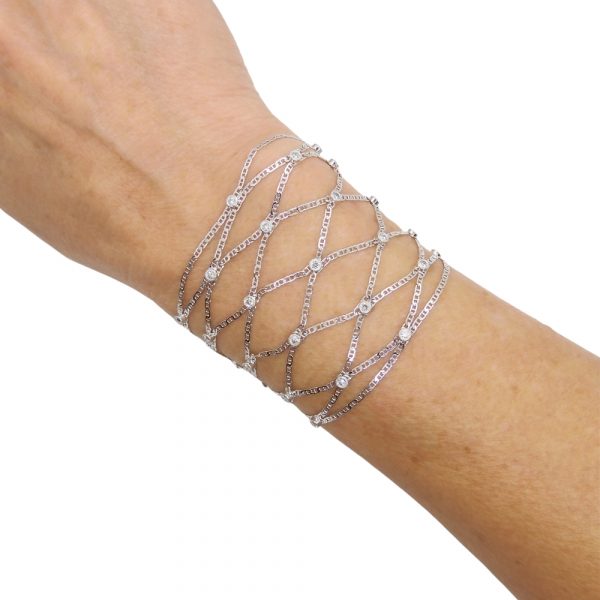 Bezel Set 1.77 ctw Diamond Multi-Strand Fishnet Bracelet 18k White Gold Anchor Link Fishnets