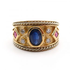 Etruscan Sapphire Ruby Diamond Band Yellow Gold