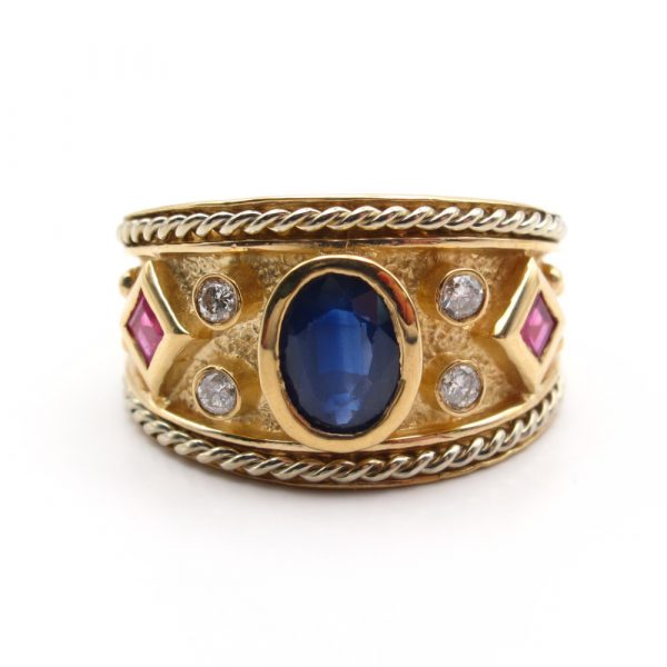 Etruscan Sapphire Ruby Diamond Band Yellow Gold