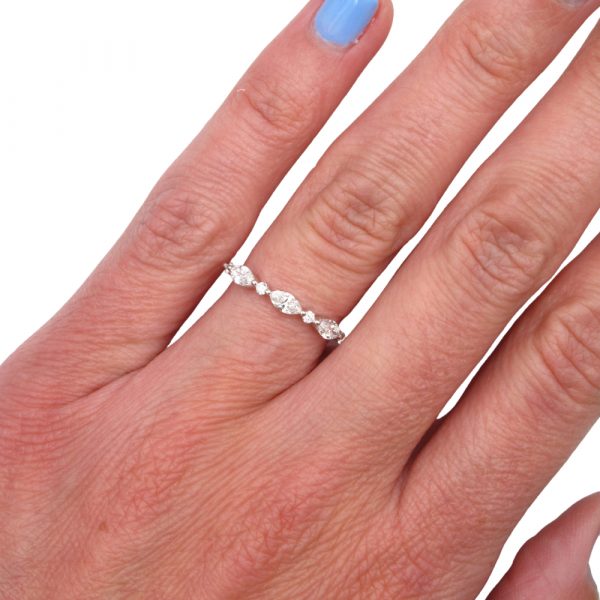 Half Carat Marquise Round Diamond Stack Band White Gold Hand