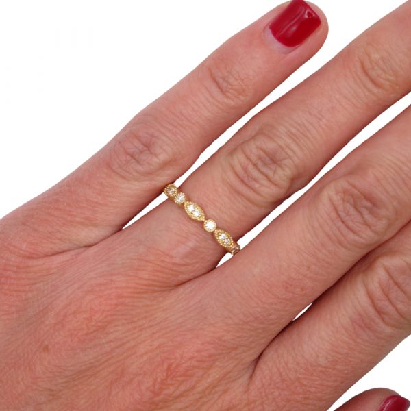 Milgrain Yellow Gold Diamond Stack Band .19 Hand