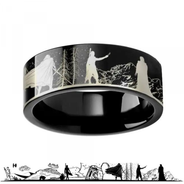 Star Wars Force Awakens Scene Jakku Luke Skywalker Rey Kylo Ren Scene Black Tungsten Engraved Ring