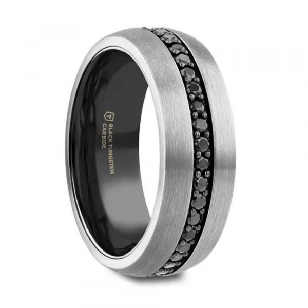 Tungsten mens ring with black sapphires