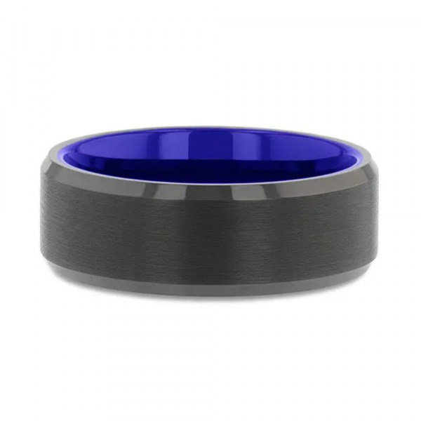 RIGEL Flat Beveled Edges Black Tungsten Ring flat lay