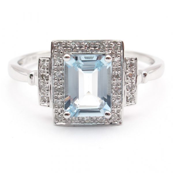 Aquamarine Halo Diamond White Gold Ring