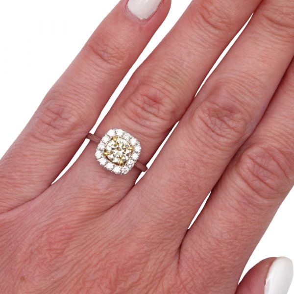 GIA Yellow Diamond Halo Solitaire Engagement Ring Worn