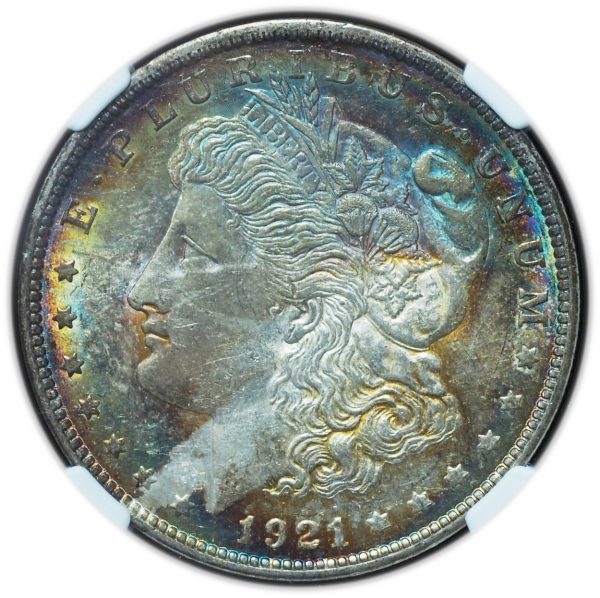 1921 Morgan Dollar AU58 NGC Vibrant Rainbow Toned