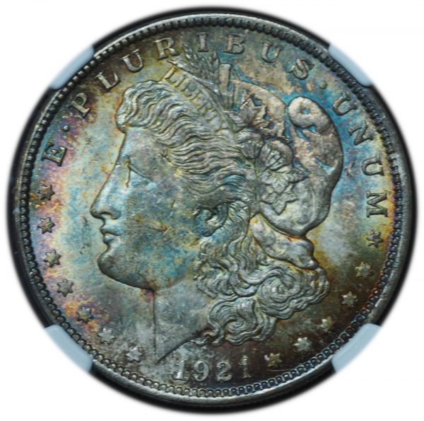 1921 Morgan Dollar MS62 NGC Beautifully Rainbow Toned