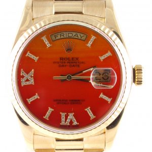 Pre-owned Rolex Day-Date Presidential (1984) 18038 (Presidential Single Quick Set) 18k Yellow Gold With Carnelian Diamond Dial With Model 18038 Front Close